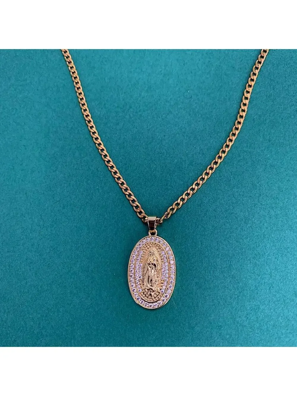Saint Marry rhinestone pendant y2k 90s style gold necklace chain. Grunge punk st